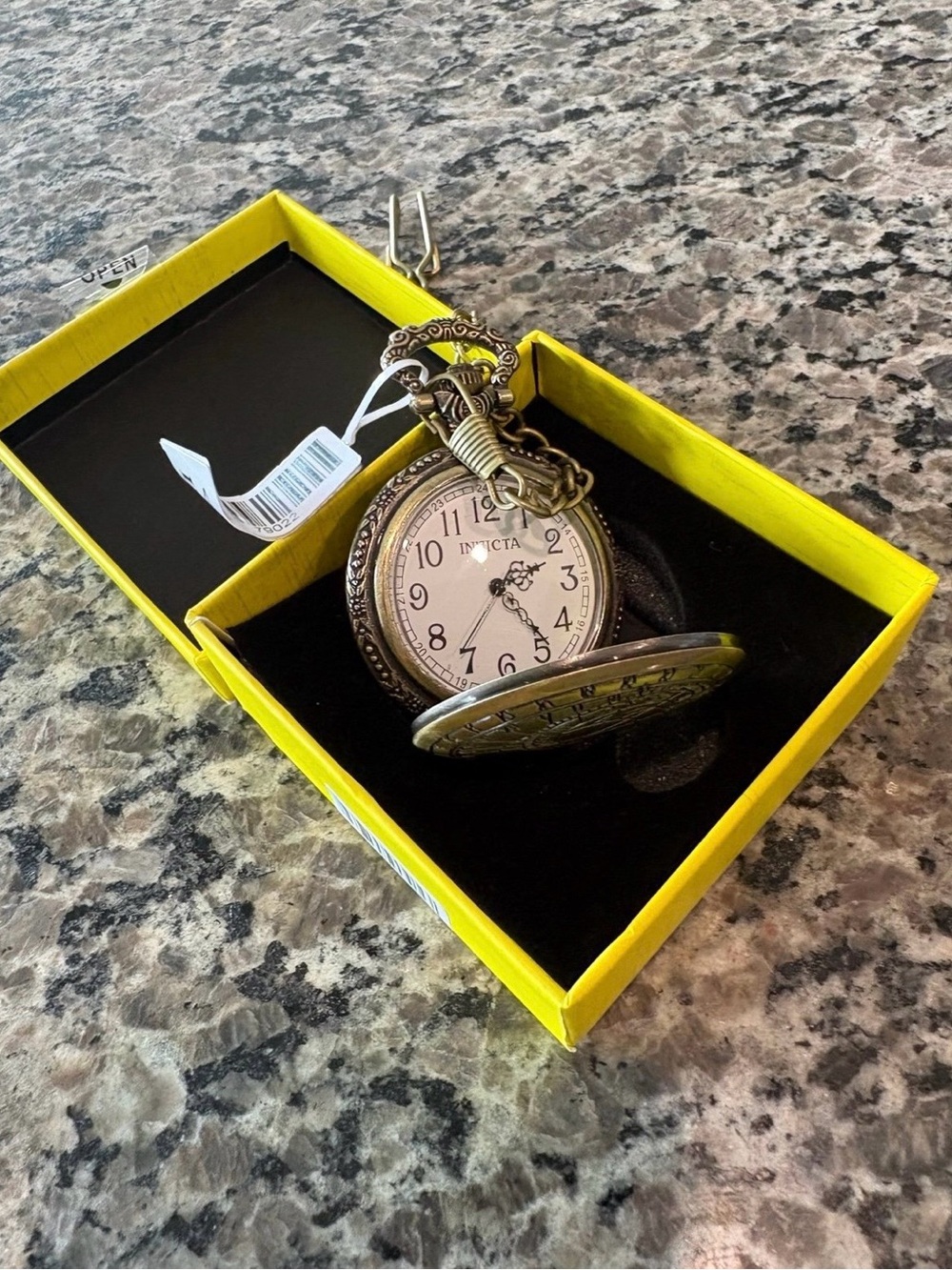 Invicta Full Hunter Quartz Pocket Watch Gold Tone White Dial Arabic + Chain